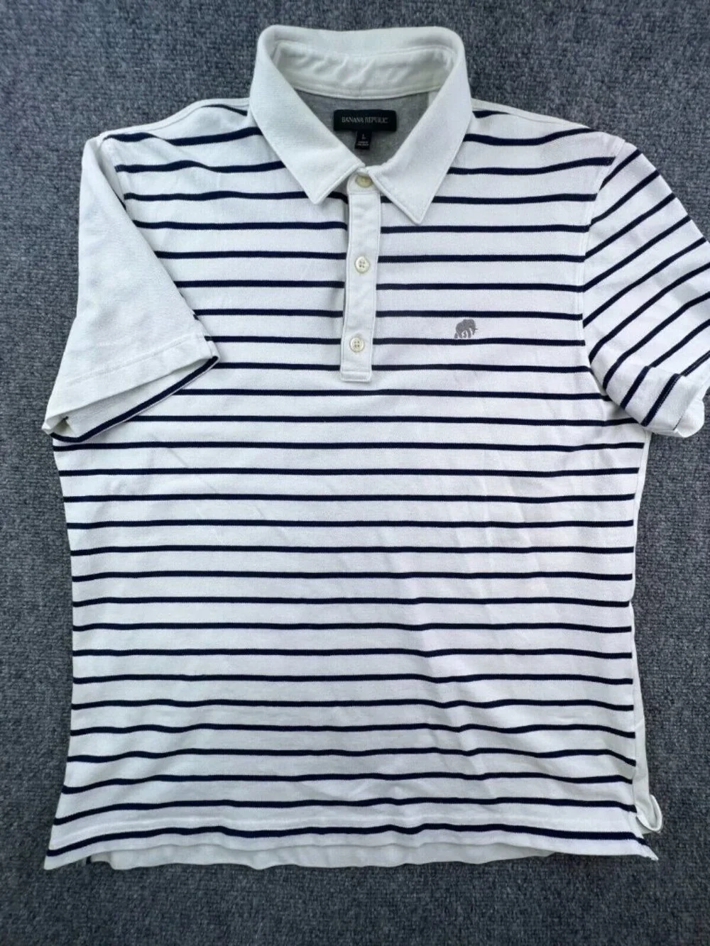 Banana Republic Polo Shirt Men's Large White Blue Striped Casual Golf Elephant